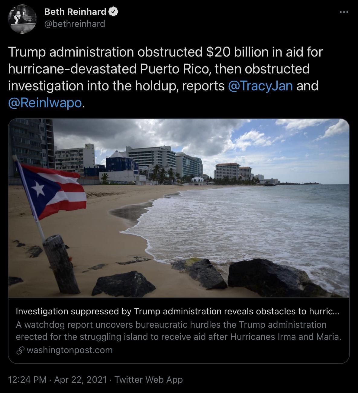 I IAGICTIGEe Ek Beth Reinhard Trump administration obstructed 20 billion in aid for UIggTer Ta Rt LAV LS 1 To AU T g ol RiTelo M p T a Wo o 11 dUle1 To investigation into the holdup reports TracyJan and QIRCIIWEToleR Investigation suppressed by Trump administration reveals obstacles to hurric A watchdog report uncovers bureaucratic hurdles the Trump administration ST To B o s SRS aWlele Il Te RIS 