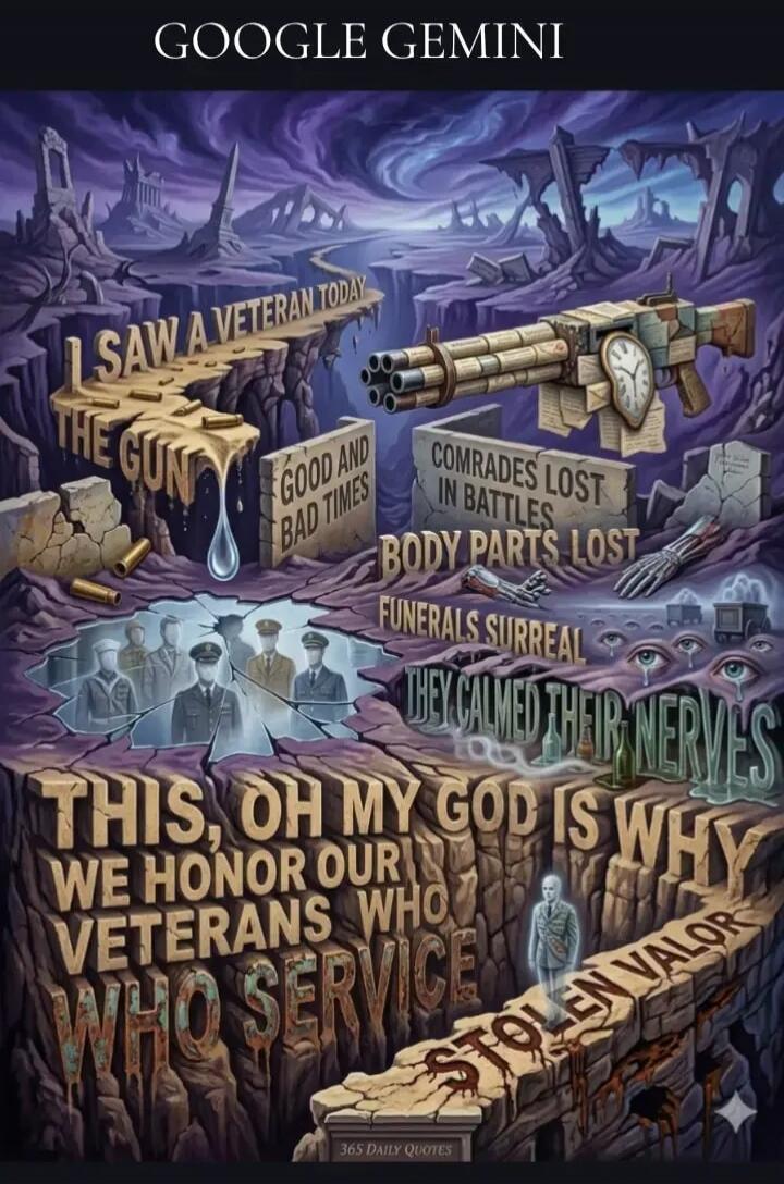 GOOGLE GEMINI. I SAW A VETERAN TODAY. THE GUN. GOOD AND BAD TIMES. COMRADES LOST IN BATTLES. BODY PARTS LOST. FUNERALS SURREAL. THEY CALMED THEIR NERVES. THIS, OH MY GOD IS WHY WE HONOR OUR VETERANS WHO SERVICE. STOLEN VALOR. 365 DAILY QUOTES.