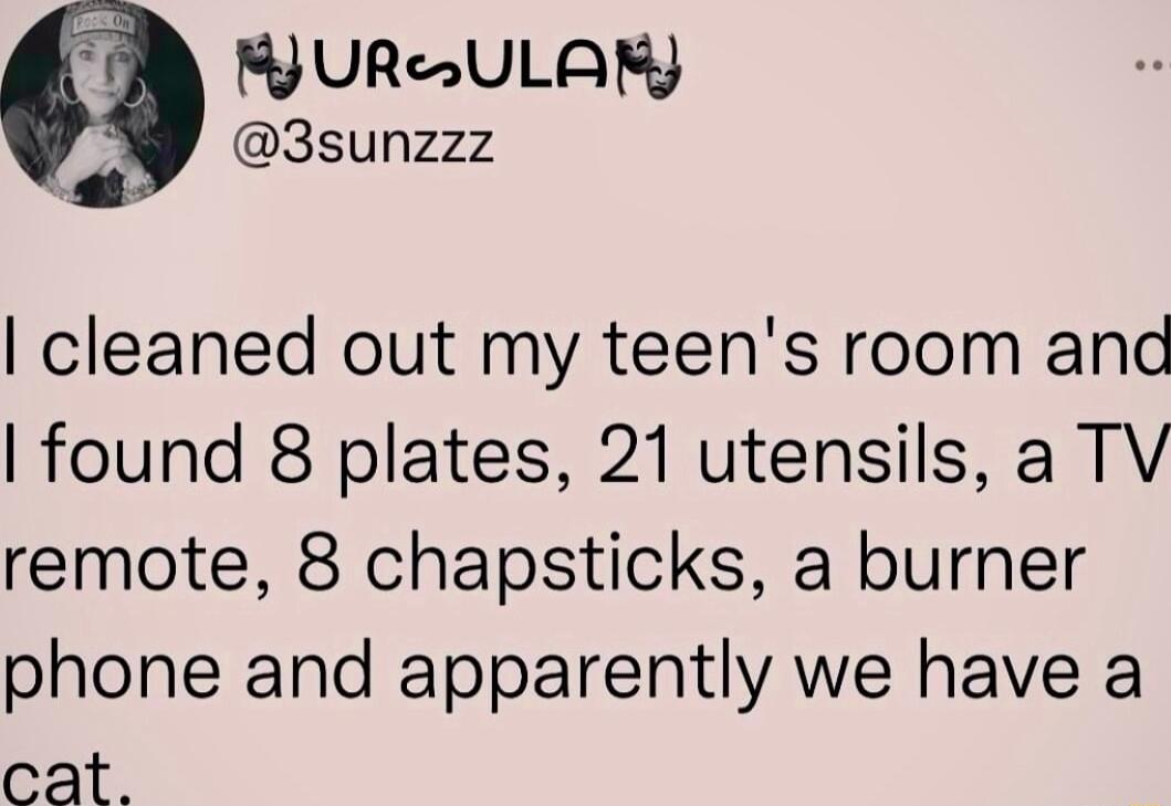 M URULAKY 3sunzzz cleaned out my teens room and found 8 plates 21 utensils a TV remote 8 chapsticks a burner phone and apparently we have a cat