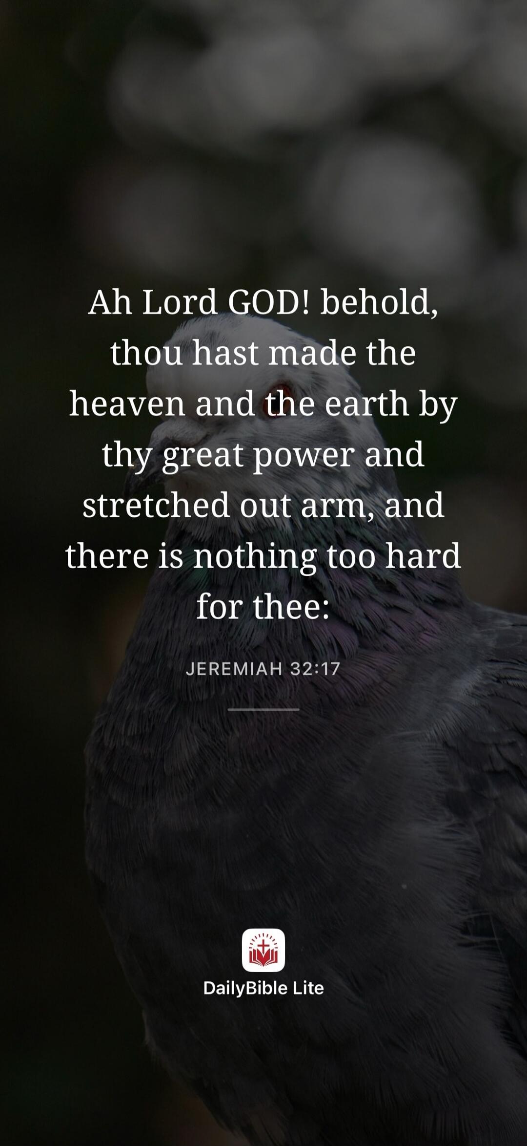 Ah Lord GOD! behold, thou hast made the heaven and the earth by thy great power and stretched out arm, and there is nothing too hard for thee: JEREMIAH 32:17 DailyBible Lite