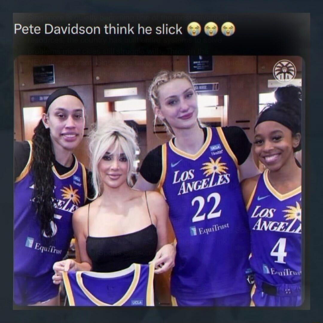 Pete Davidson think he slick 😱😱😱. Kim Kardashian poses with three female basketball players, holding a Los Angeles jersey.