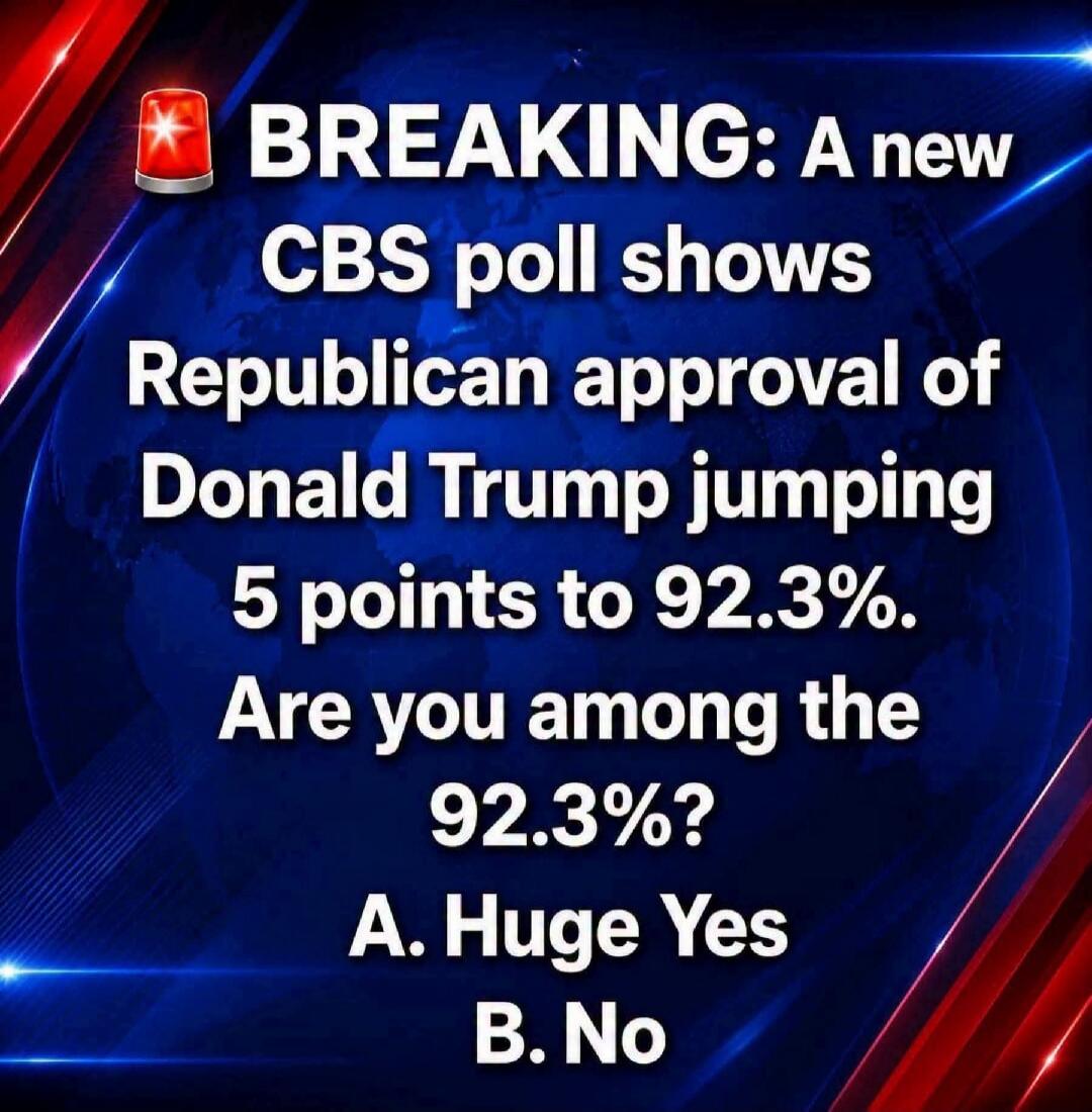 BREAKING: A new CBS poll shows Republican approval of Donald Trump jumping 5 points to 92.3%. Are you among the 92.3%? A. Huge Yes B. No