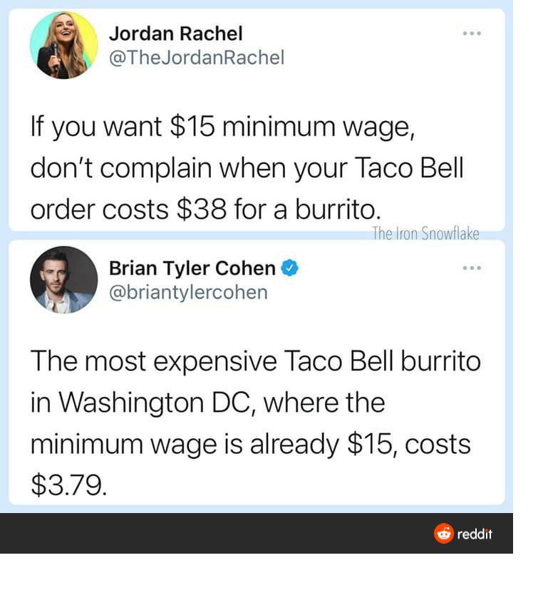 Jordan Rachel TheJordanRachel If you want 15 minimum wage dont complain when your Taco Bell order costs 38 for a burrito Brian Tyler Cohen MW Gbriantylercohen The most expensive Taco Bell burrito in Washington DC where the minimum wage is already 15 costs 379