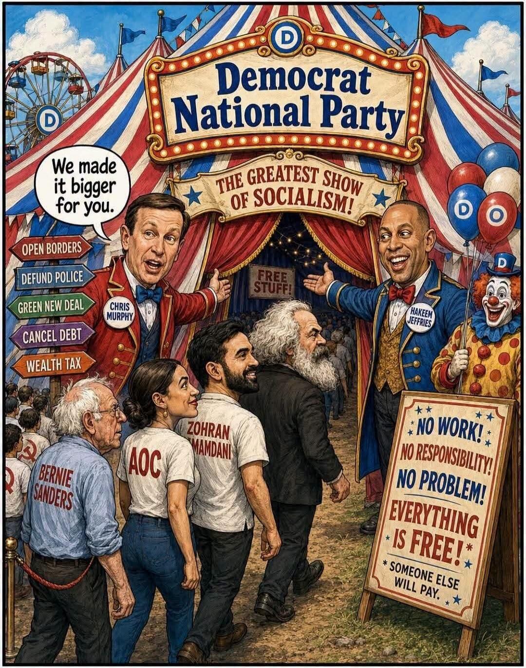 The image depicts a political cartoon showing a circus tent labeled 