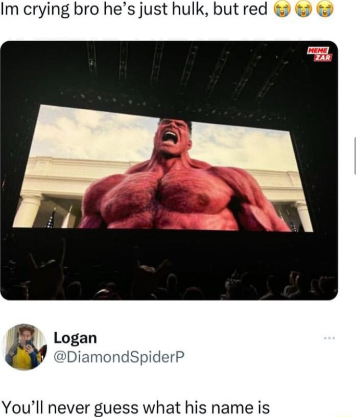 Im crying bro hes just hulk but red Logan DiamondSpiderP Youll never guess what his name is
