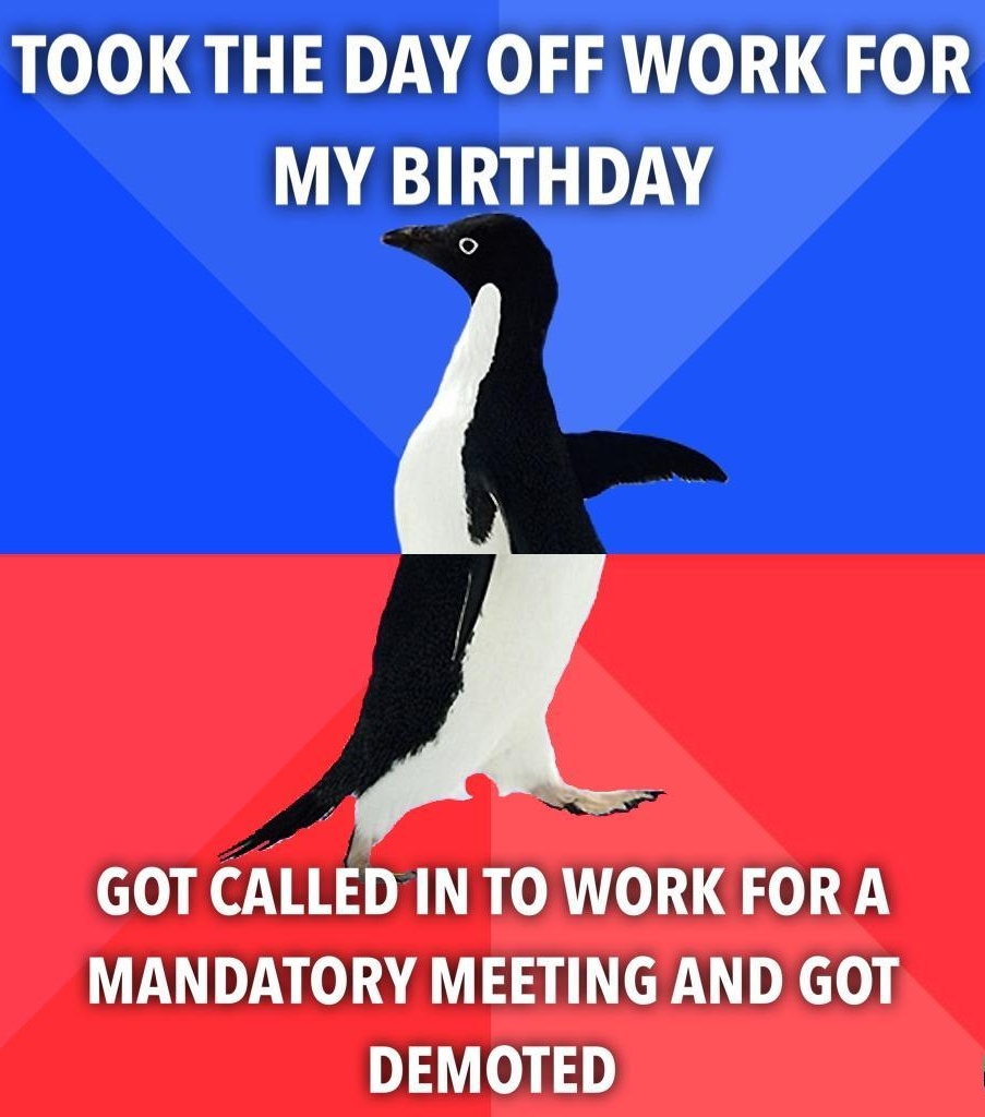 TOOKTHE DAY OFF WORK FOR MY BIRTHDAY GOT CALLED IN TO WORK FOR A MANDATORY MEETING AND GOT DEMOTED