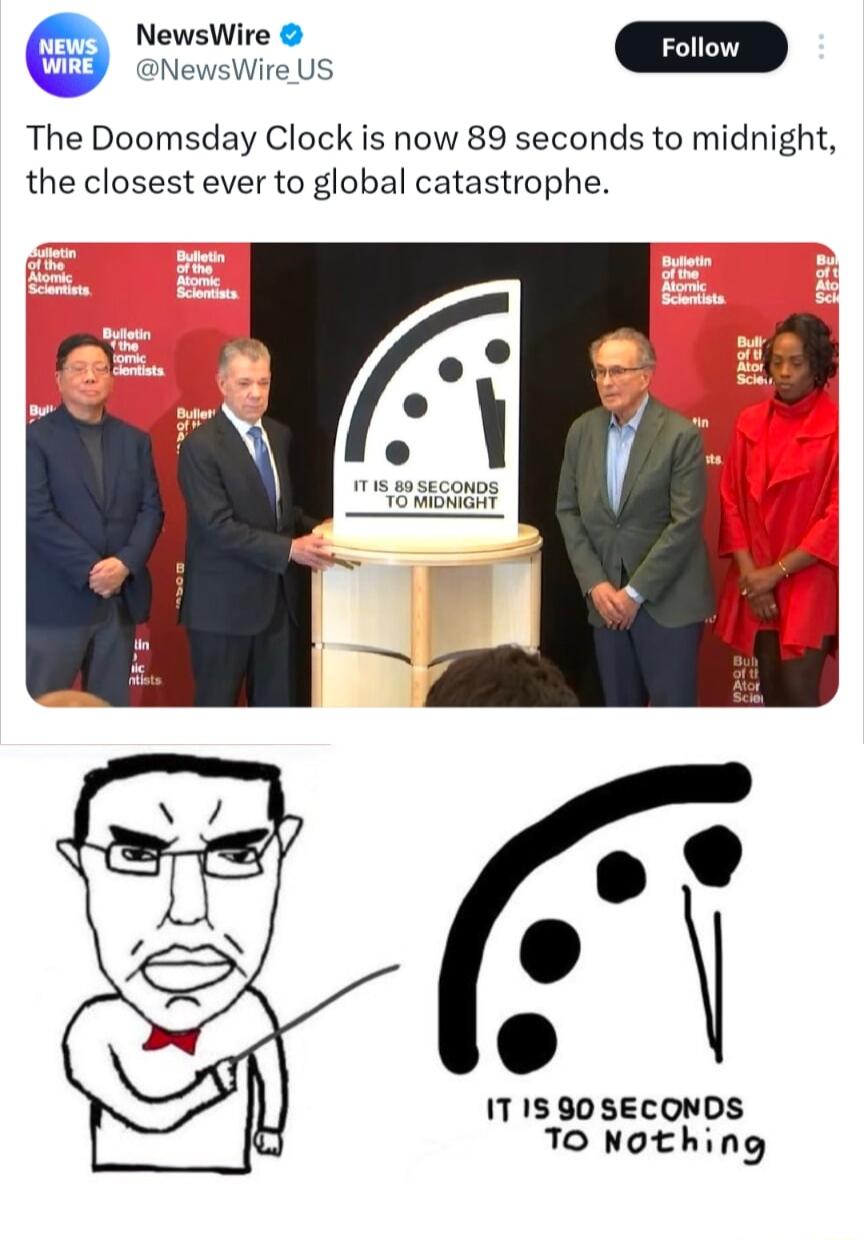 NewsWire US The Doomsday Clock is now 89 seconds to midnight the closest ever to global catastrophe 1715 80 SECONDS 70 Nothing