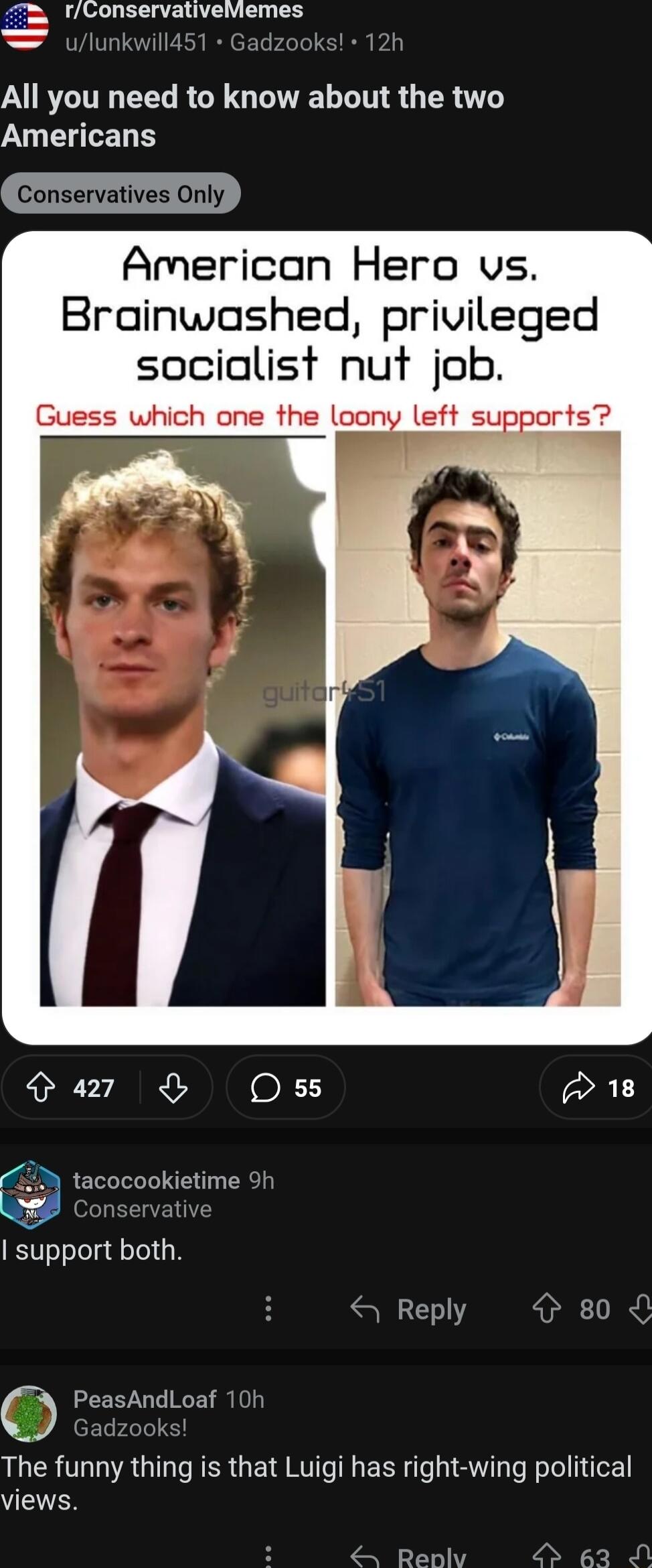 rConservativeMemes inkwill451 Gadzooks 12h All you need to know about the two Americans Conservatives Only American Hero vs Brainwashed privileged socialist nut job Guess which one the loony left stEurs oy o oa21 o1 w18 tacocookietime 9t rvative EVsoTolgd Tl 3 Reply 80 PeasAndLoaf 10 Gadzooks The funny thing is that Luigi has right wing political UENES Reblv O g3 N