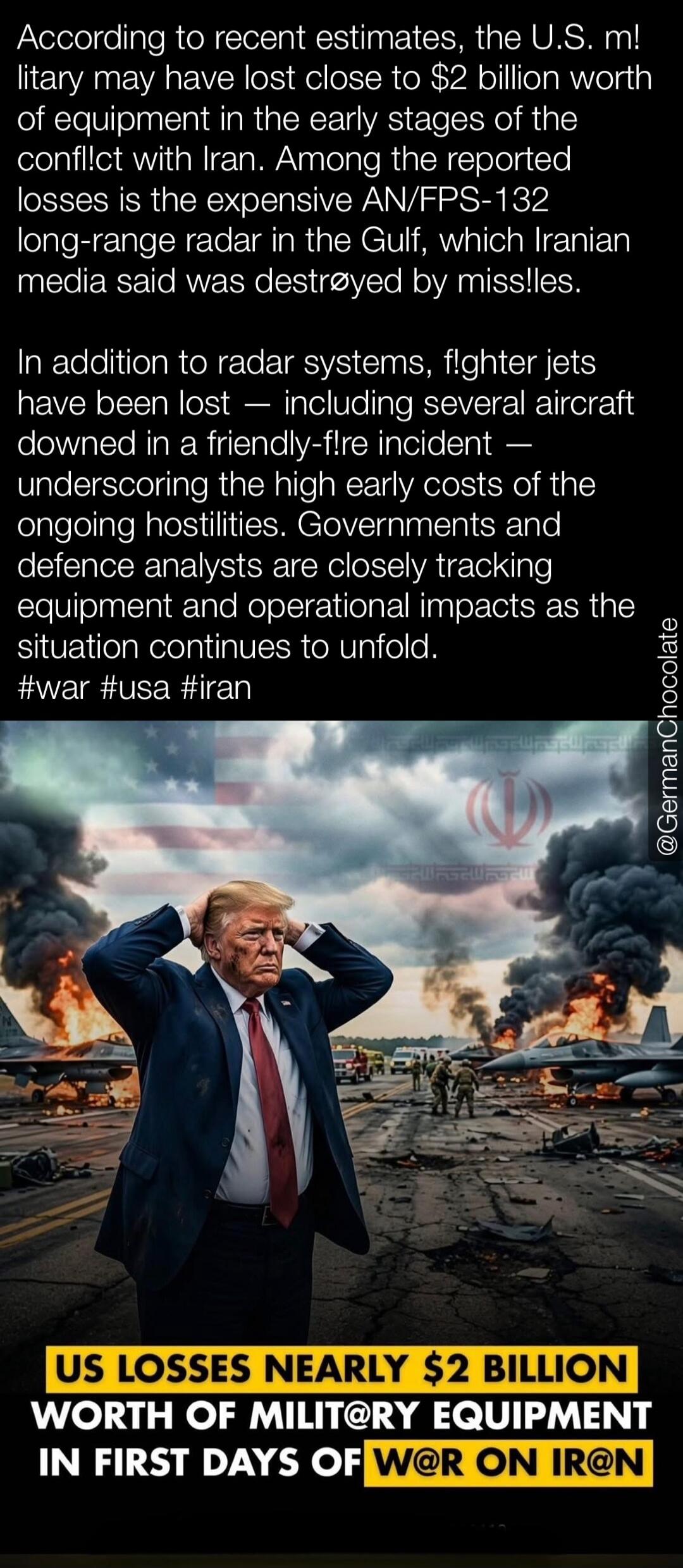 According to recent estimates, the U.S. military may have lost close to $2 billion worth of equipment in the early stages of the conflict with Iran. Among the reported losses is the expensive AN/FPS-132 long-range radar in the Gulf, which Iranian media said was destroyed by missiles. In addition to radar systems, fighter jets have been lost — inclu