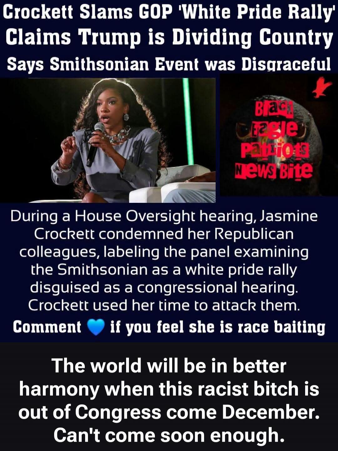 Crockett Slams GOP 'White Pride Rally' Claims Trump is Dividing Country Says Smithsonian Event was Disgraceful. Black Eagle Patriots News Bite. During a House Oversight hearing, Jasmine Crockett condemned her Republican colleagues, labeling the panel examining the Smithsonian as a white pride rally disguised as a congressional hearing. Crockett use