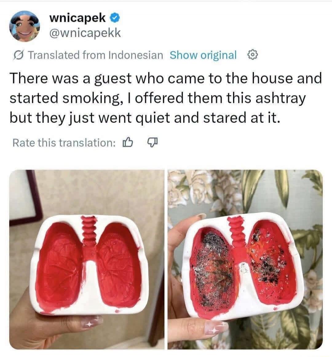 wnicapek @wnicapekk Translated from Indonesian Show original There was a guest who came to the house and started smoking, I offered them this ashtray but they just went quiet and stared at it. Rate this translation: