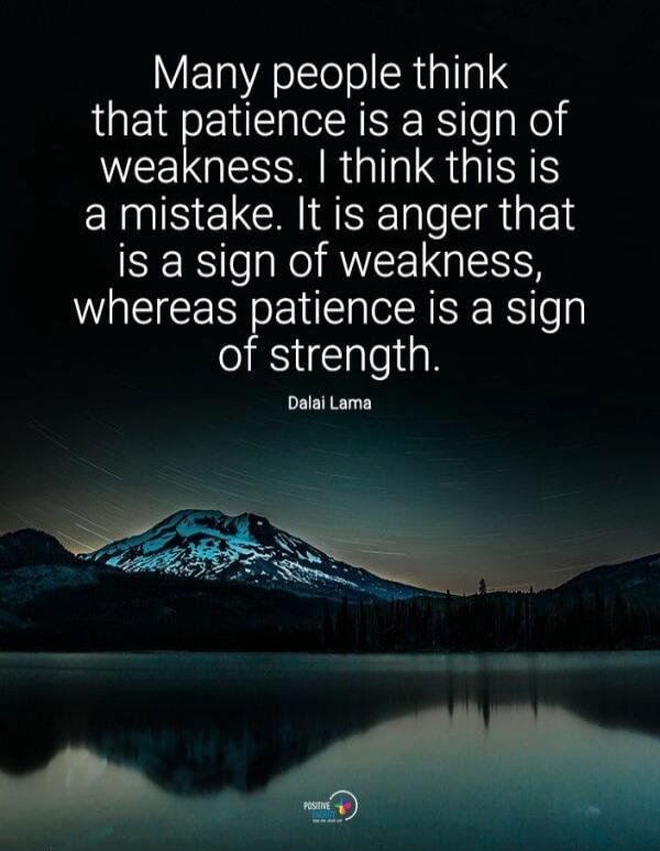 Many people think that patience is a sign of weakness. I think this is a mistake. It is anger that is a sign of weakness, whereas patience is a sign of strength. Dalai Lama