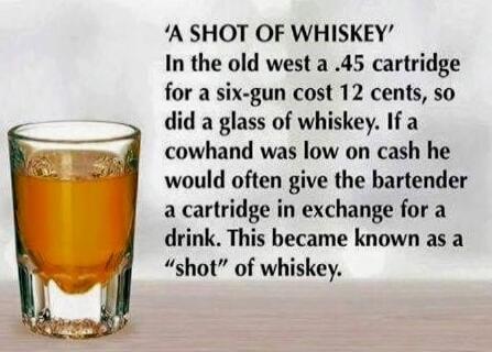 A SHOT OF WHISKEY. In the old west a .45 cartridge for a six-gun cost 12 cents, so did a glass of whiskey. If a cowhand was low on cash he would often give the bartender a cartridge in exchange for a drink. This became known as a 