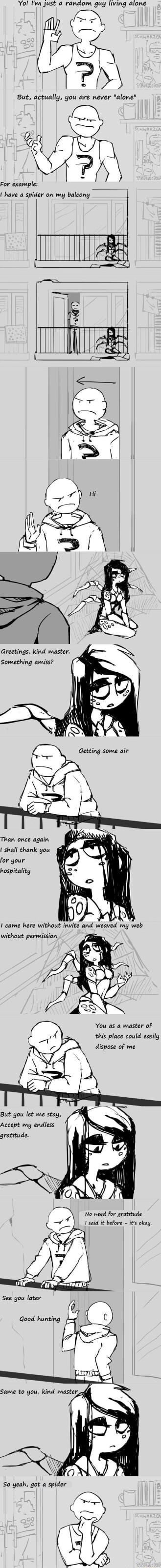 Yo Im just a random guy living alone But actually you are never alone BN have a spider on my balcony Greetings kind master Something amiss Than once again shall thank you for your hospitality came here without invite and weaved my web without permission You as a master of this place could easily dispose of me But you let me stay Accept my endless gratitude No need for gratitude e 3 1 said it befor