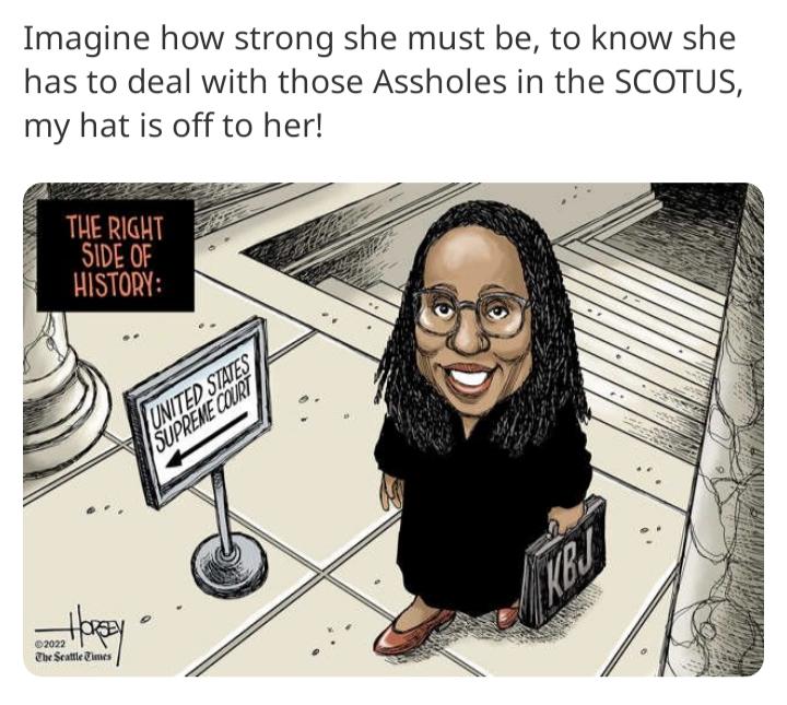 Imagine how strong she must be to know she has to deal with those Assholes in the SCOTUS my hat is off to her
