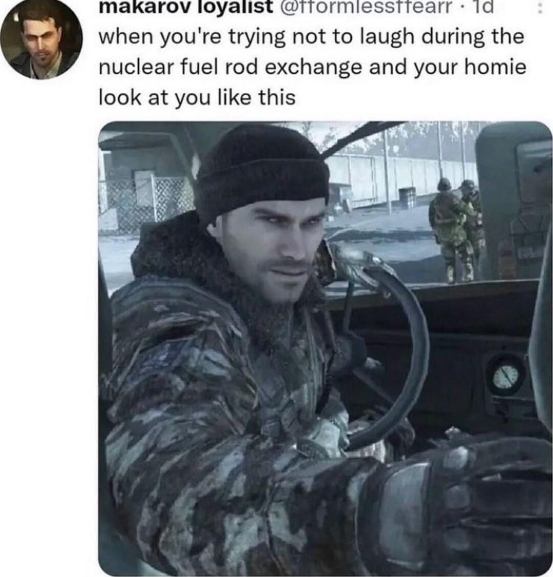 when youre trylng not to laugh during the nuclear fuel rod exchange and your homie look at you like this