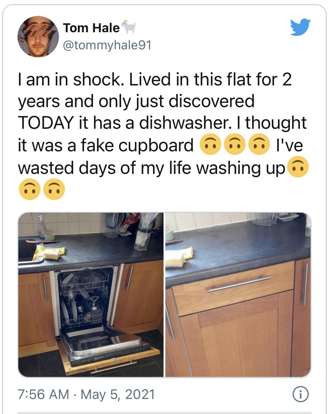 Tom Hale tommyhale91 am in shock Lived in this flat for 2 years and only just discovered TODAY it has a dishwasher thought it was a fake cupboard ve wasted days of my life washing up 756 AM May 5 2021