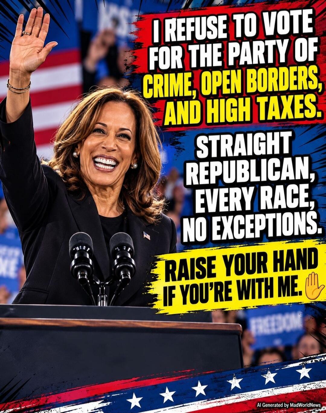 I REFUSE TO VOTE FOR THE PARTY OF CRIME, OPEN BORDERS, AND HIGH TAXES. STRAIGHT REPUBLICAN, EVERY RACE, NO EXCEPTIONS. RAISE YOUR HAND IF YOU'RE WITH ME. FREEDOM. AI Generated by MadWorldNews.