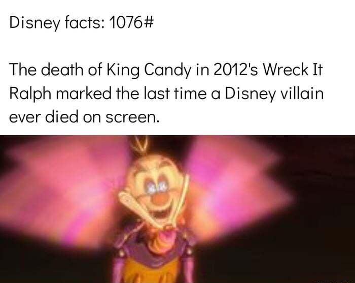 Disney facts 1076 The death of King Candy in 2012s Wreck It Ralph marked the last time a Disney villain ever died on screen