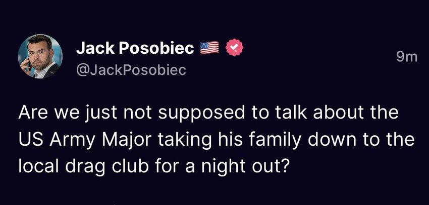 Jack Posobiec 6 JackPosobiec Are we just not supposed to talk about the VRN AV E IR I R ER TN A N R R I local drag club for a night out