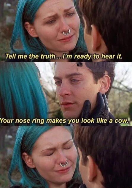Tell me the truth... I'm ready to hear it. Your nose ring makes you look like a cow. Tell me the truth... I'm ready to hear it.