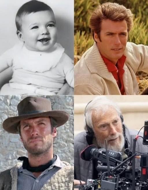 A four-panel collage showing Clint Eastwood at different stages of his life: as a smiling baby, a young man with a confident look, a character from a Western movie (likely 'The Good, the Bad and the Ugly') wearing a hat, and an older man with a beard and headphones, appearing to be directing a film set.