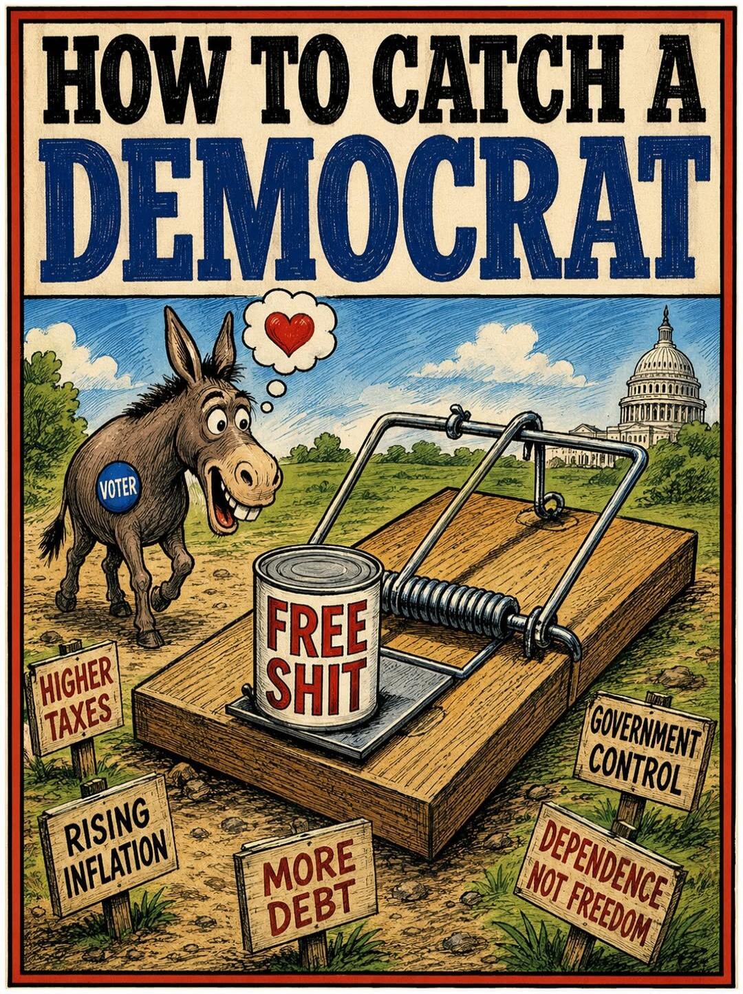 HOW TO CATCH A DEMOCRAT VOTER FREE SHIT HIGHER TAXES RISING INFLATION MORE DEBT GOVERNMENT CONTROL DEPENDENCE NOT FREEDOM
