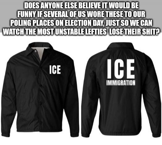 DOES ANYONE ELSE BELIEVE IT WOULD BE FUNNY IF SEVERAL OF US WORE THESE TO OUR POLING PLACES ON ELECTION DAY, JUST SO WE CAN WATCH THE MOST UNSTABLE LEFTIES LOSE THEIR SHIT? ICE IMMIGRATION