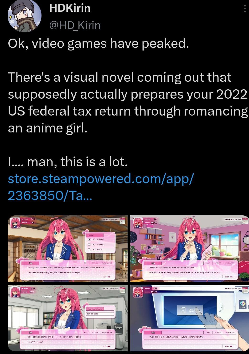 HDKirin Y HD Kirin Ok video games have peaked Theres a visual novel coming out that supposedly actually prepares your 2022 US federal tax return through romancing an anime girl l man this is a lot storesteampoweredcomapp 2363850 Ta