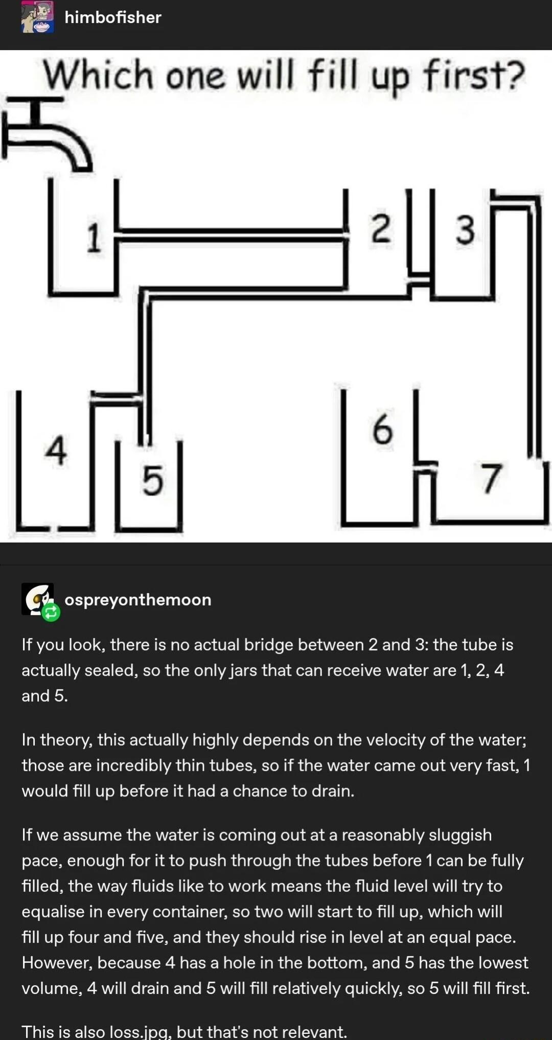 himbofisher Which one will fill up first ospreyonthemoon If you look there is no actual bridge between 2 and 3 the tube is actually sealed 0 the only jars that can receive water are 12 4 and5 I theory this actually highly depends on the velocity of the water those are incredibly thin tubes so if the water came out very fast 1 would fill up before it had a chance to drain If we assume the water is 