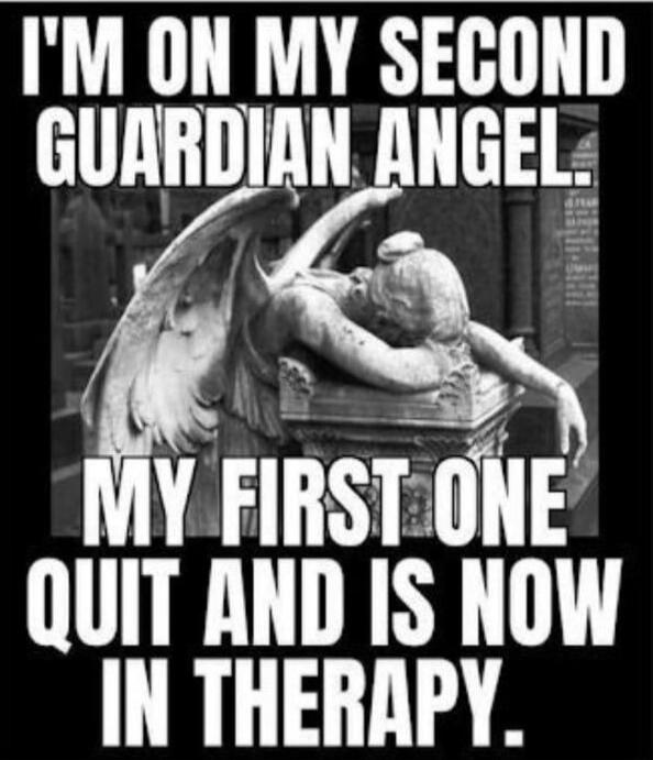 I'M ON MY SECOND GUARDIAN ANGEL. MY FIRST ONE QUIT AND IS NOW IN THERAPY.