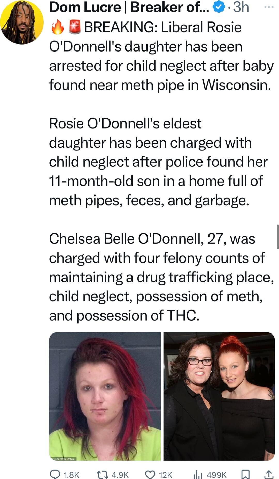 Dom Lucre Breaker of 3h BREAKING Liberal Rosie ODonnells daughter has been arrested for child neglect after baby found near meth pipe in Wisconsin Rosie ODonnells eldest daughter has been charged with child neglect after police found her 11 month old son in a home full of meth pipes feces and garbage Chelsea Belle ODonnell 27 was charged with four felony counts of maintaining a drug trafficking pl