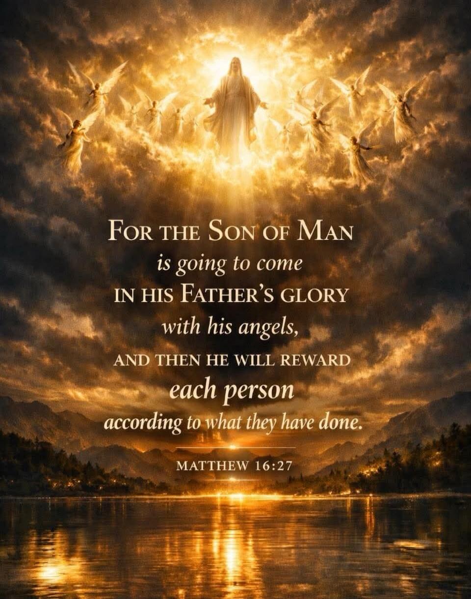 FOR THE SON OF MAN is going to come IN HIS FATHER'S GLORY with his angels, AND THEN HE WILL REWARD each person according to what they have done. MATTHEW 16:27
