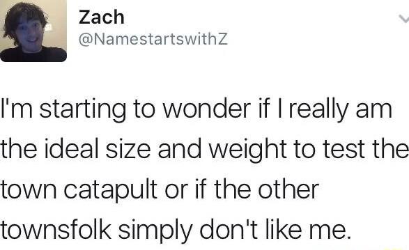 Zach NamestartswithZ Im starting to wonder if really am the ideal size and weight to test the town catapult or if the other townsfolk simply dont like me