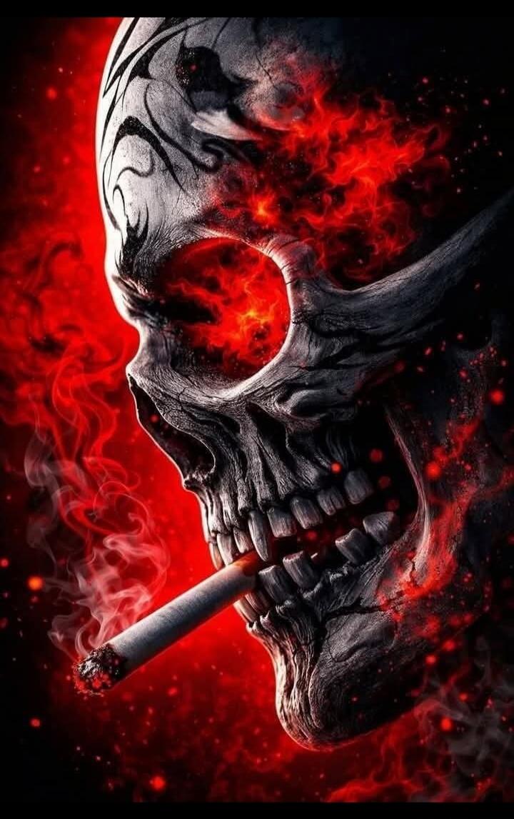 A fiery skull with a cigarette in its mouth, surrounded by red flames and smoke.