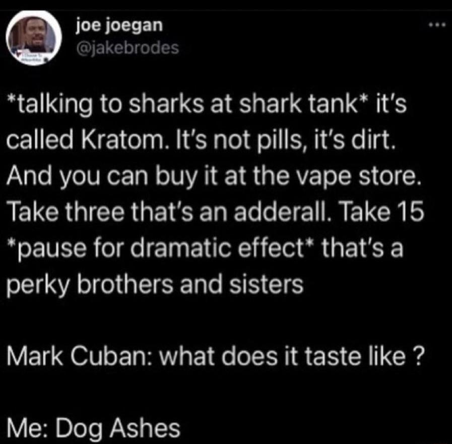 JLLICEEL JELELIGL NEINGTRCELECEIEGEN S El Sl 1 called Kratom Its not pills its dirt And you can buy it at the vape store RELCRGICERGEI R o CIE I ETCR Y pause for dramatic effect thats a SR GE SR NN E ECOTEL R I el S N CR I N Me Dog Ashes
