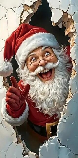 Santa peeking through a hole in the wall