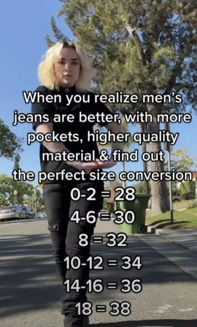 When you realize men's jeans are better, with more pockets, higher quality material & find out the perfect size conversion. 0-2 = 28, 4-6 = 30, 8 = 32, 10-12 = 34, 14-16 = 36, 18 = 38