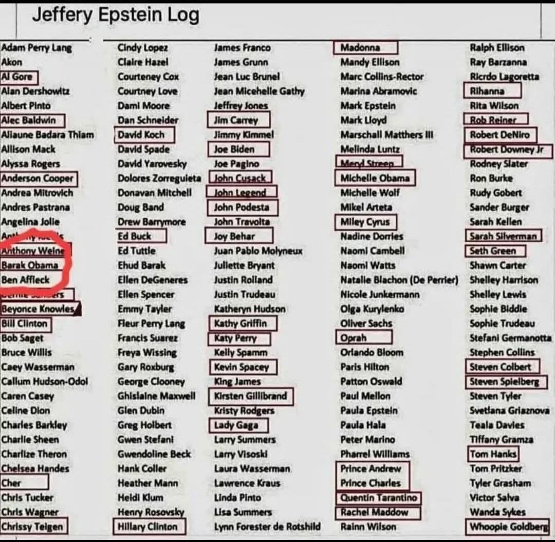 Jeffery Epstein Log. A list of names, many of which are highlighted, including Al Gore, Alec Baldwin, Anthony Weiner, Barack Obama, Ben Affleck, Beyoncé Knowles, Bill Clinton, David Koch, Jim Carrey, Jimmy Kimmel, Joe Biden, John Cusack, John Legend, John Podesta, John Travolta, Joy Behar, Kathy Griffin, Katy Perry, Kevin Spacey, Kirsten Gillibrand