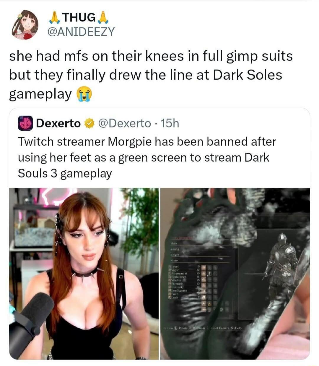 THUG @ANIDEEZY she had mfs on their knees in full gimp suits but they finally drew the line at Dark Soles gameplay 😭 Dexerto @Dexerto · 15h Twitch streamer Morgpie has been banned after using her feet as a green screen to stream Dark Souls 3 gameplay