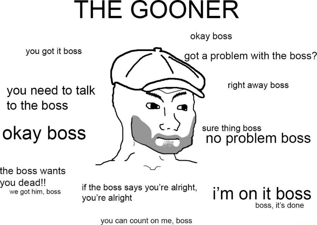 TRE GOONER okay boss ougott boee jot a problem with the boss right away boss you need to talk to the boss okay boss sure thing boss no problem boss the boss wants you deadl U dead e ifthe boss says youe aright youre alight im on it boss bossifs done S e e
