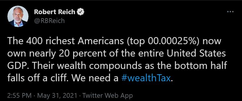 Robert Reich ININCIe The 400 richest Americans top 0000025 now own nearly 20 percent of the entire United States 010 N T RWVEEY d g W leTagToTel U Ye IERR g IW oTe doTa s Mo E falls off a cliff We need a wealthTax 255 PM May 31 2021 Twitter Web App
