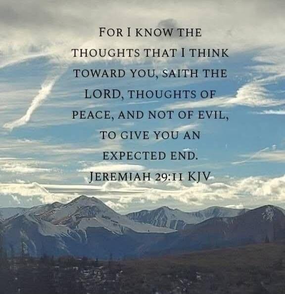 FOR I KNOW THE THOUGHTS THAT I THINK TOWARD YOU, SAITH THE LORD, THOUGHTS OF PEACE, AND NOT OF EVIL, TO GIVE YOU AN EXPECTED END. JEREMIAH 29:11 KJV