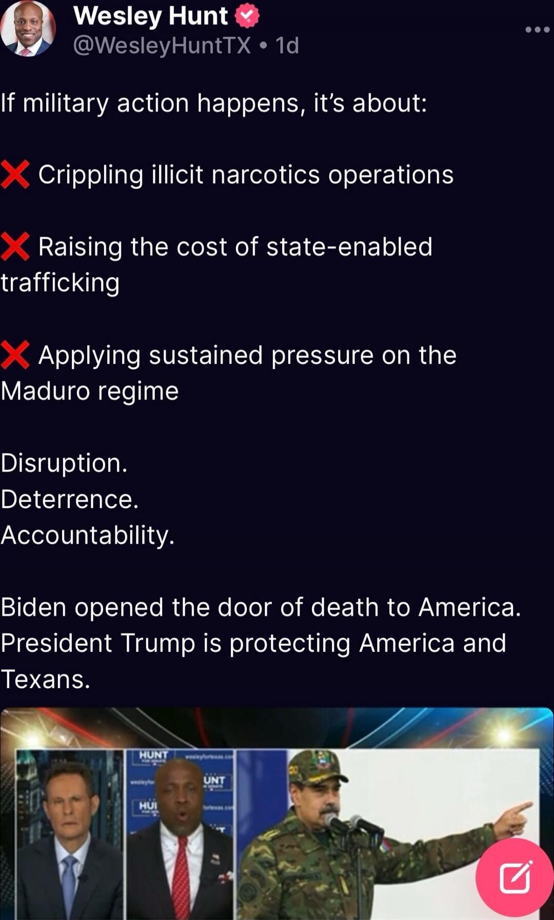 If military action happens, it’s about:
❌ Crippling illicit narcotics operations
❌ Raising the cost of state-enabled trafficking
❌ Applying sustained pressure on the Maduro regime

Disruption.
Deterrence.
Accountability.

Biden opened the door of death to America.
President Trump is protecting America and Texans.