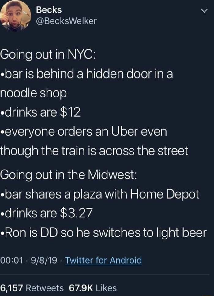 Becks v BecksWelker ClepleRelViIaNNNOX bar is behind a hidden door in a gleleleESpTelo drinks are 12 everyone orders an Uber even though the train is across the street Going out in the Midwest bar shares a plaza with Home Depot drinks are 327 Ron is DD so he switches to light beer 0001 9819 Twitter for Android R VAT YA NG