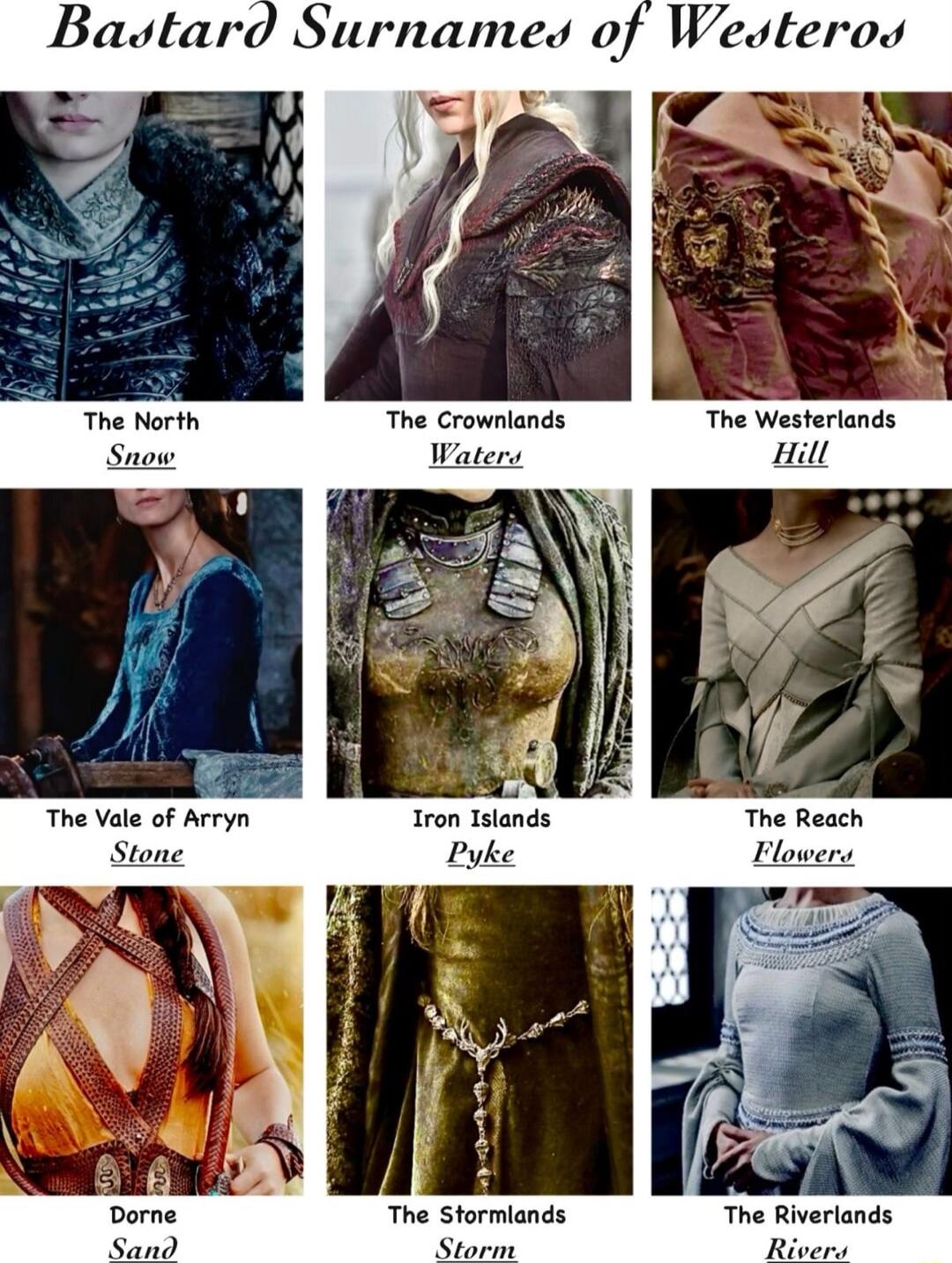 Badstard Surnamed of Wedsteros The North The Westerlands Snow Hill Tron Islands Pyke The Stormiands The Riverlands By Rive