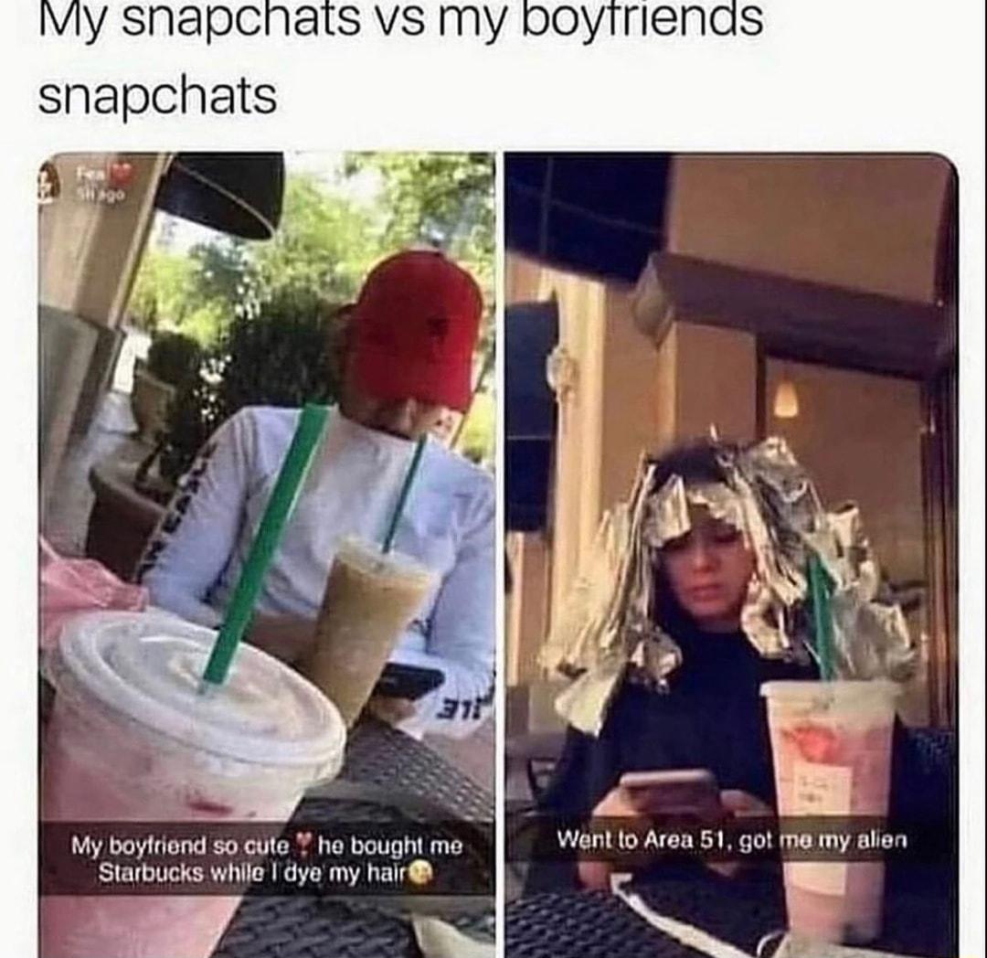 V Shapchats vs my boyirienas snapchats My boylrond so cuto ho boug Starbucks whic dyo my hair