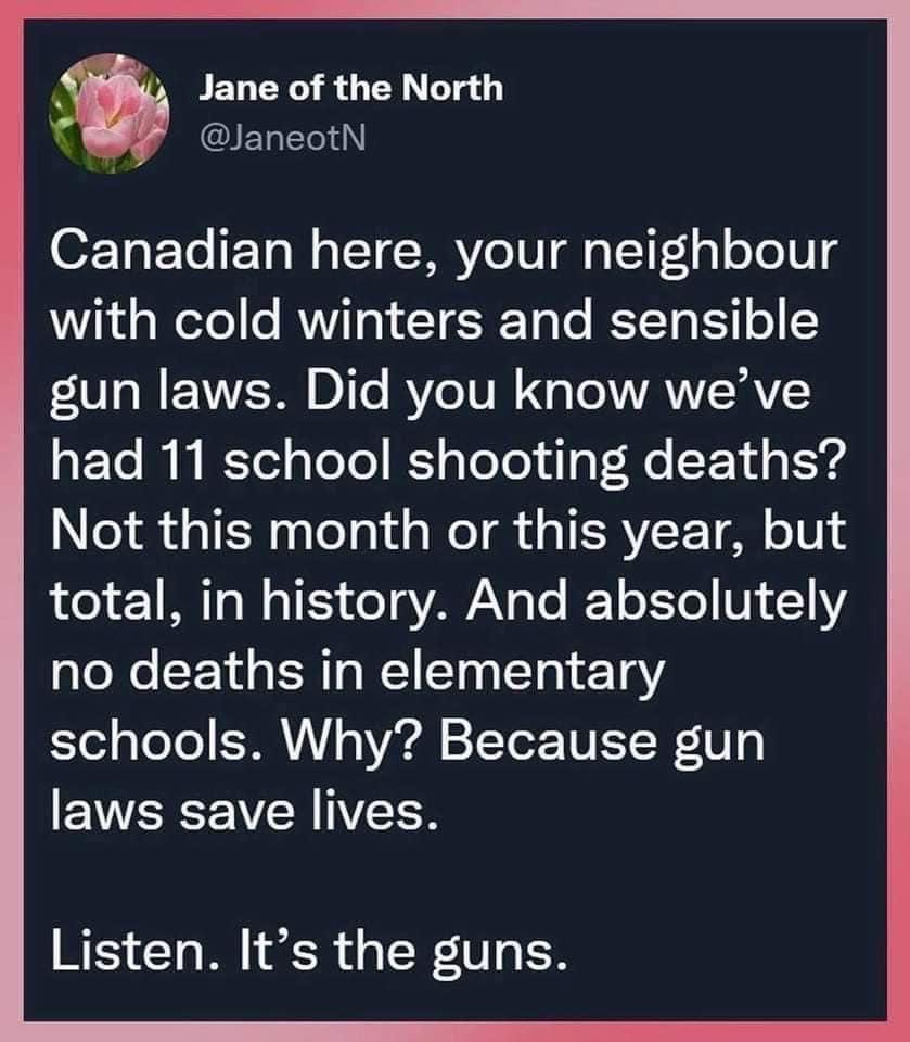 Jane of the North QIEREEI OF1oFTo ETo W o TTWRVeT0 i T1F 151 oo 101 with cold winters and sensible gun laws Did you know weve had 11 school shooting deaths Not this month or this year but 701 2 MNTa N o TE51 o T VAW AN To E1 o X T6 V 4112 no deaths in elementary 51 g Yo Tel ESAVIVL o Virdl 7 TN ST W laws save lives Listen Its the guns