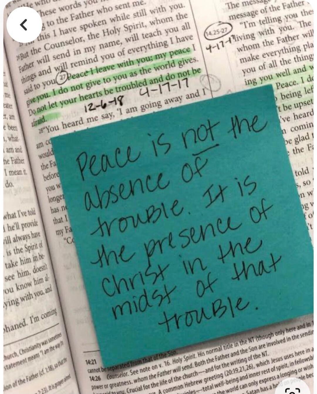 Peace is not the absence of trouble. It is the presence of Christ in the midst of that trouble. Peace I leave with you; my peace I give you. I do not give to you as the world gives. Do not let your hearts be troubled and do not be afraid.