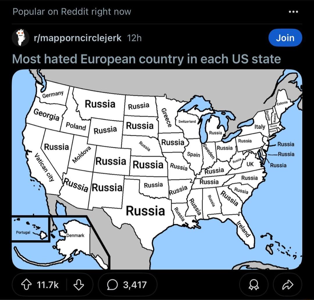 Popular on Reddit right rimapporncirclejerk 12n doin Most hated European country in each US state ussia pussie O 1 olna guesia Russia R C